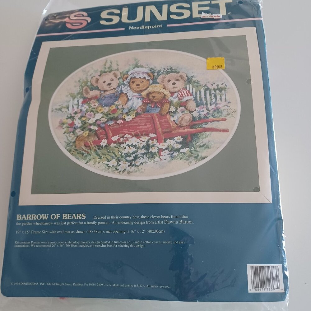 Vintage 1994 Sunset Needlepoint Kit Barrow Of Bears 16"x12" Sealed